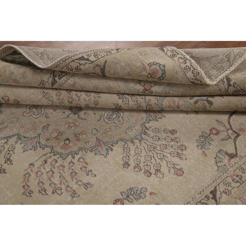 Floral Tabriz Persian Area Rug Hand-Knotted Beige Wool Carpet - 8'2"x 10'11"