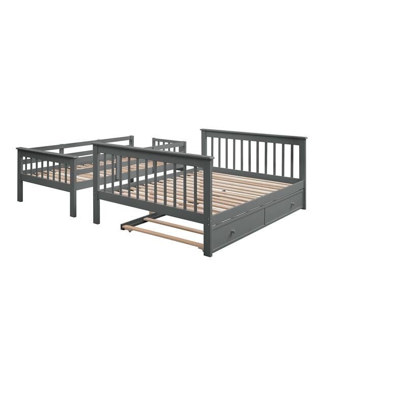 Twin-Over-Full Bunk Bed with Trundle, Storage, and Guard Rail for Bedroom or Dorm