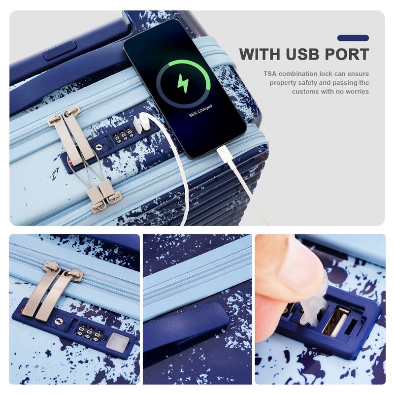 3 Piece Luggage Sets Expandable Suitcases with Front Pocket, TSA Lock USB Interface and Universal Wheel & Cup Holder