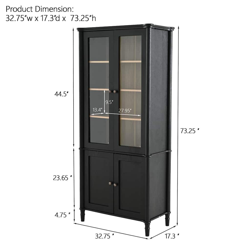 73.25''H Vintage Display Cabinet with Storage, Mid-century Modern Pantry Cabinet with Glass Doors