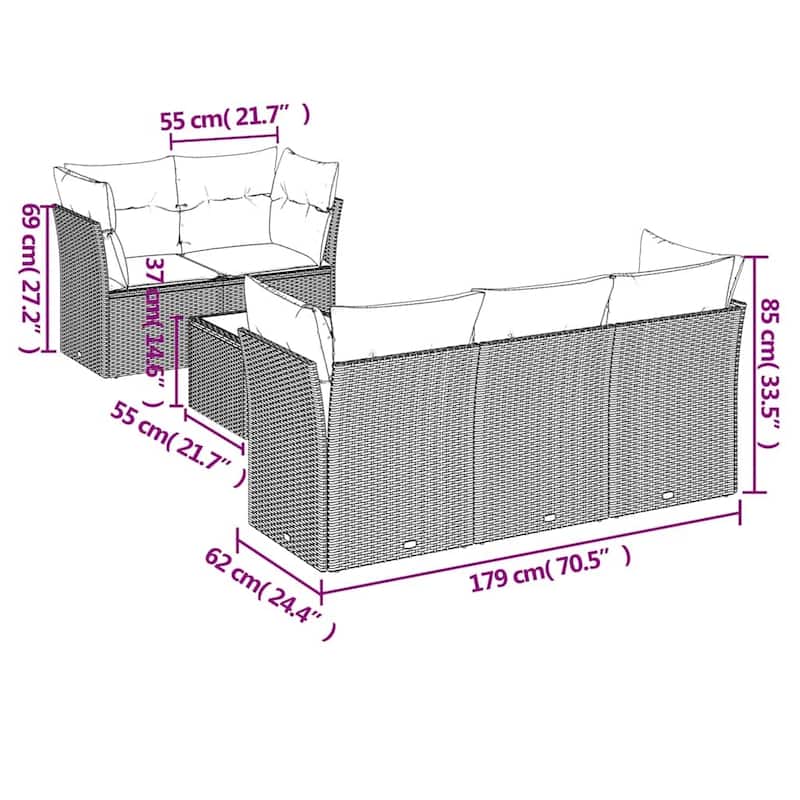 vidaXL Patio Sofa Set with Cushions Outdoor Furniture 6 Piece Poly Rattan - 21.7 x 21.7 x 14.6