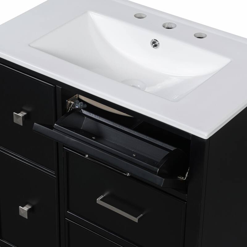 30" Bathroom Vanity with Ceramic Sink, Flip-Out Plumbing Drawer, Soft Close Doors & Drawers