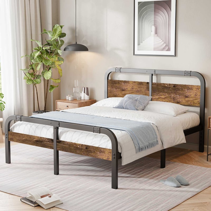 Industrial Platform Bed with Strong Metal Support, Wooden Headboard and Footboard