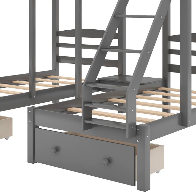 Space-Saving Triple Bunk Bed with Drawers, Full Over Twin & Twin, Gray