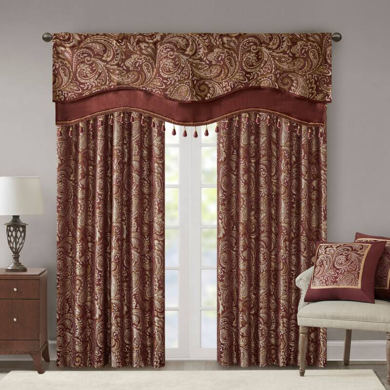 Madison Park Whitman Jacquard Window Rod Pocket Valance with Beads - 50 x 18"