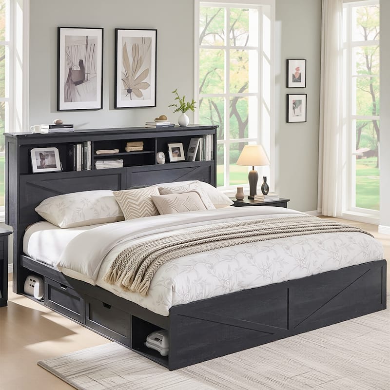 Farmhouse King Size Wood Bed Frame with Storage Headboard and Drawers