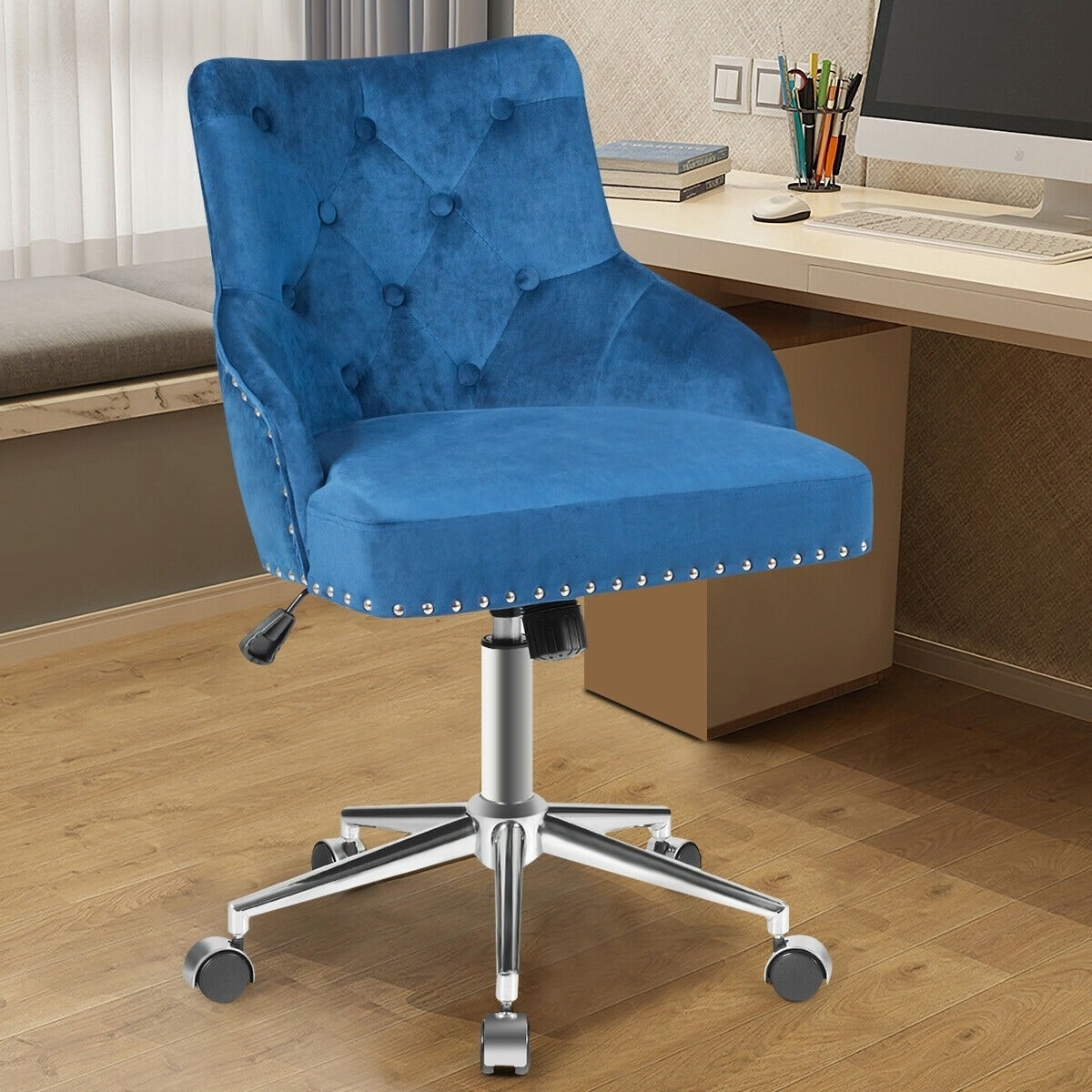 Tufted Upholstered Swivel Computer Desk Chair with Nailed Tri-Blue - Blue