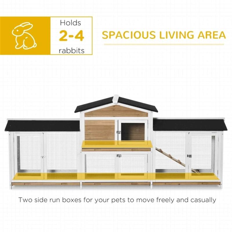 Outdoor Wooden Bunny Hutch with Run Boxes and Asphalt Roof Ramp and Removable Trays for 2-4 Rabbits