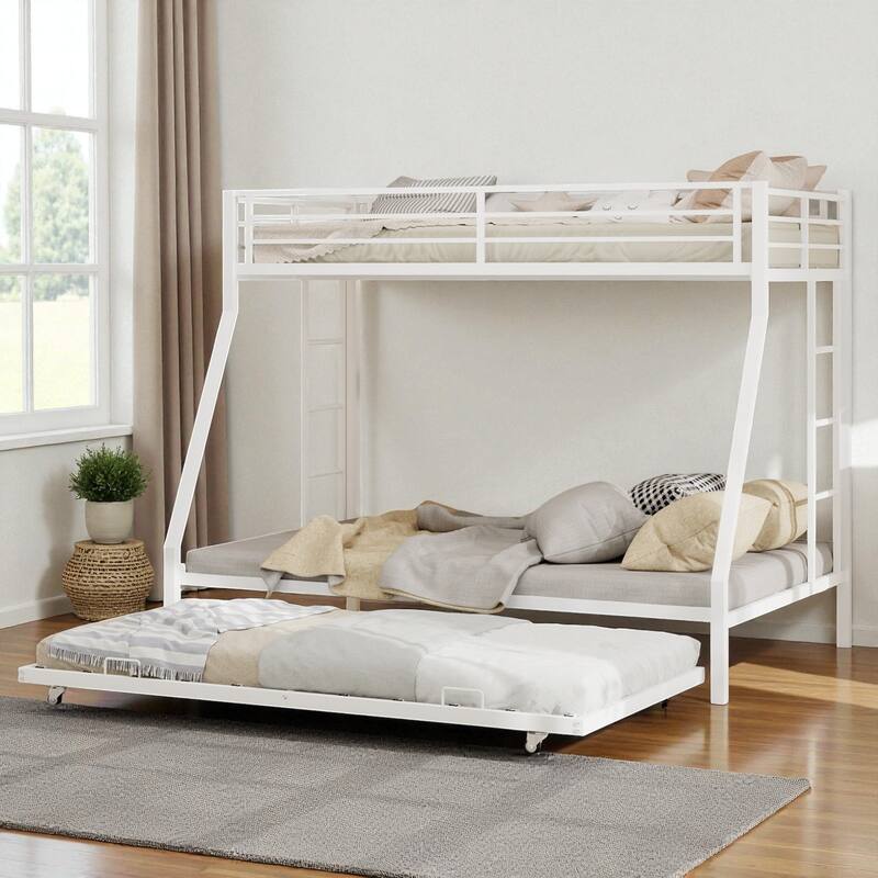 Full Size Metal Bunk Bed with Ladder and Rolling Trundle, Square Tube Frame, Heavy-Duty Triple-Sleeper for Home or Dorm - White - Full