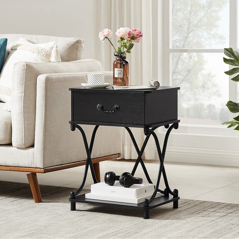 Modern 1-Drawer Nightstand with Storage Shelf, X-design End Side Table, Set of 2