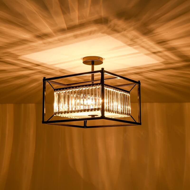 4-Light Mid-Century Modern Black Square Metal Frame Crystal Semi-Flush Mount Light - 15.75 in. W x 14.96 in. H