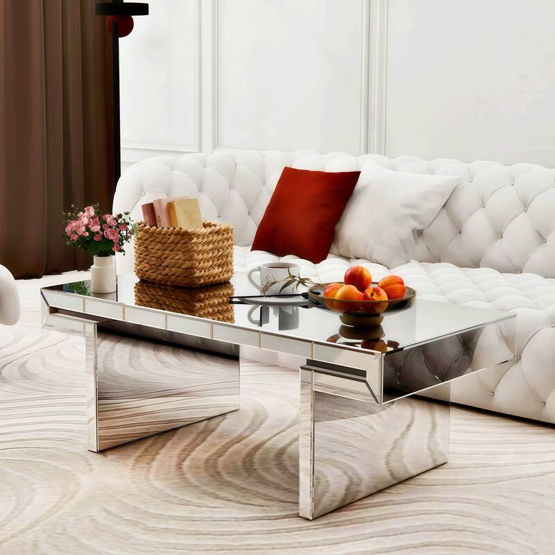 47" Luxury Rectangular Mirror Coffee Table with Fluted Tempered Glass - Silver