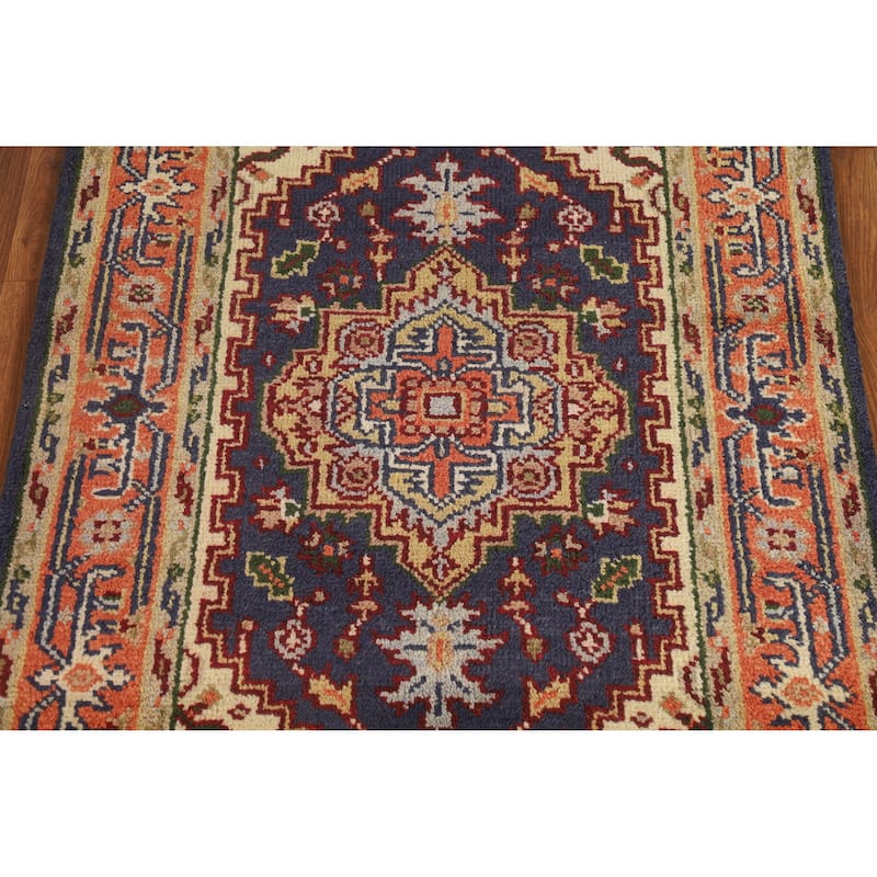 Hand Knotted Oriental 100% Wool Carpet Traditional Medallion Navy Blue & Blues Heriz (serapi) Area Rug - 5' 1'' X 3' 0''