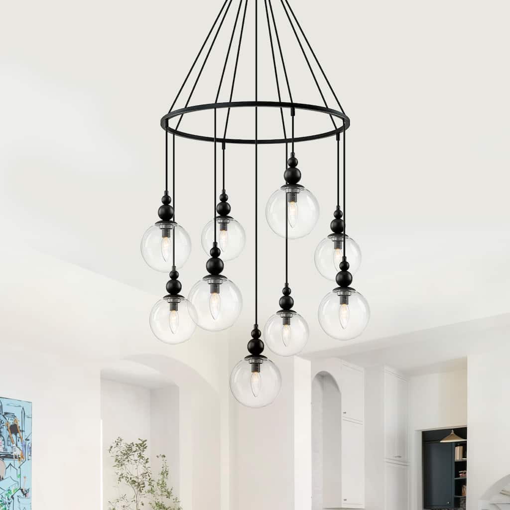 Black Metal Ring Chandelier with Clear Glass Globes Modern Pendant - Dia.28.74-in