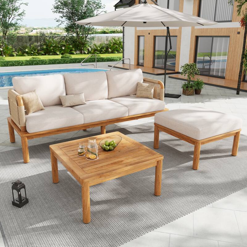 Christopher Knight Home - Emerson 3-Piece Acacia Wood and Rope Patio Sofa Set for Outdoor Comfort