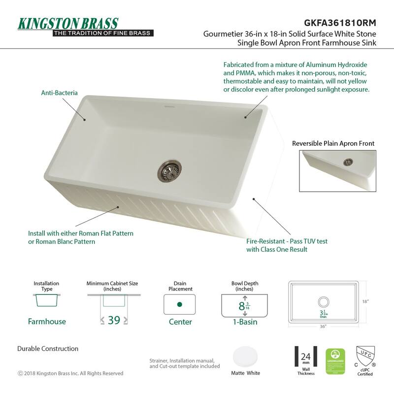 Kingston Brass Arcticstone 36" Farmhouse Single Basin Stone Composite