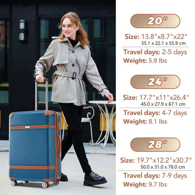 3 Piece Hardside Lightweight Luggage Sets with Double Spinner 8 Wheels and TSA Lock