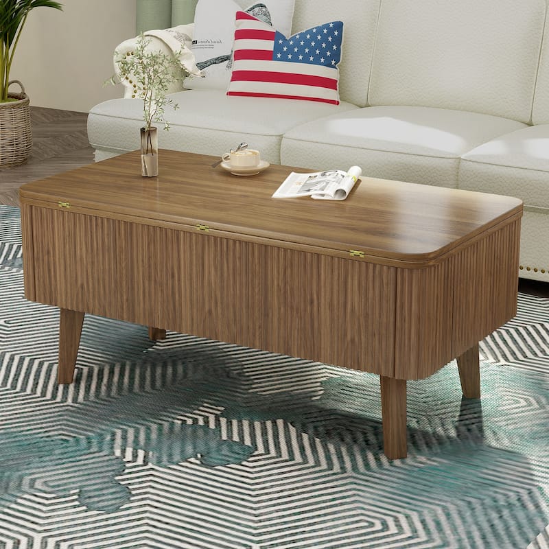 3-in-1 Lift Top Coffee Table Converts to Dining Table, Fluted Oval Wooden Storage Center Table