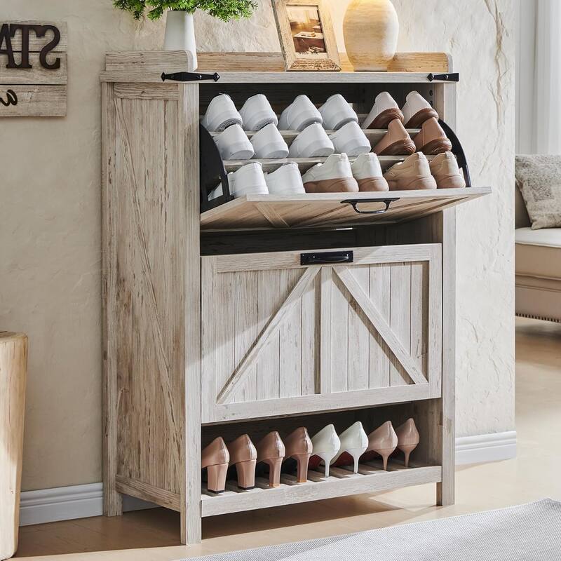 Farmhouse Shoe Storage Cabinet, Shoe Organizer, Shoe Rack Cabinet - Antique Brush White