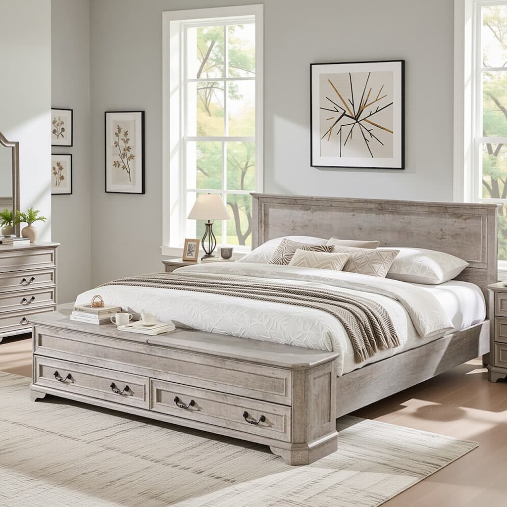 Modern Wood Bed Frame with Headboard & Storage Bench, Platform Bed