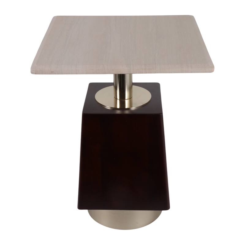 Geometric Wood and Marble Side Table - 21", Brown & Ivory - 20.75"