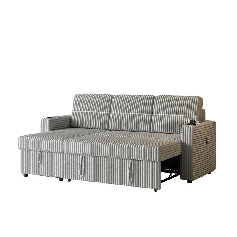 3 Seater Corduroy Sleeper Sofa - Pull-Out Couch with Storage Chaise, USB Charging Port & Cup Holders, 85" Sofa Bed