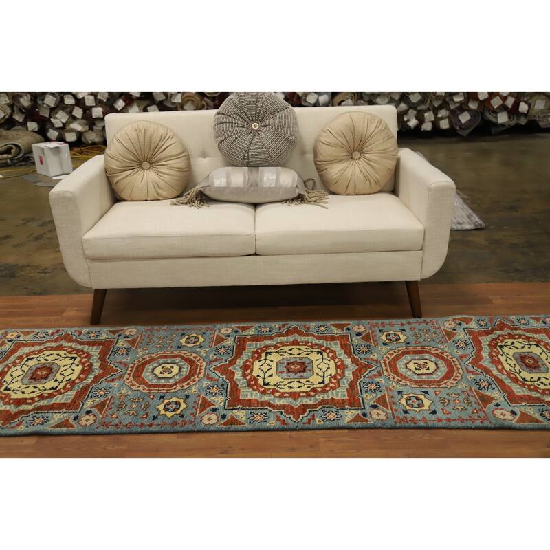 Hand Knotted Oriental 100% Wool Carpet Traditional Geometric Navy Blue & Blues Kazak Runner Rug - 7' 11'' X 2' 5''