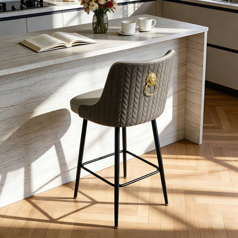 360 Swivel Upholstered Counter Height Bar Stools Kitchen Island Breakfast Chairs with Lion Head Pull Ring Footrest - Grey and Dark Grey - Single