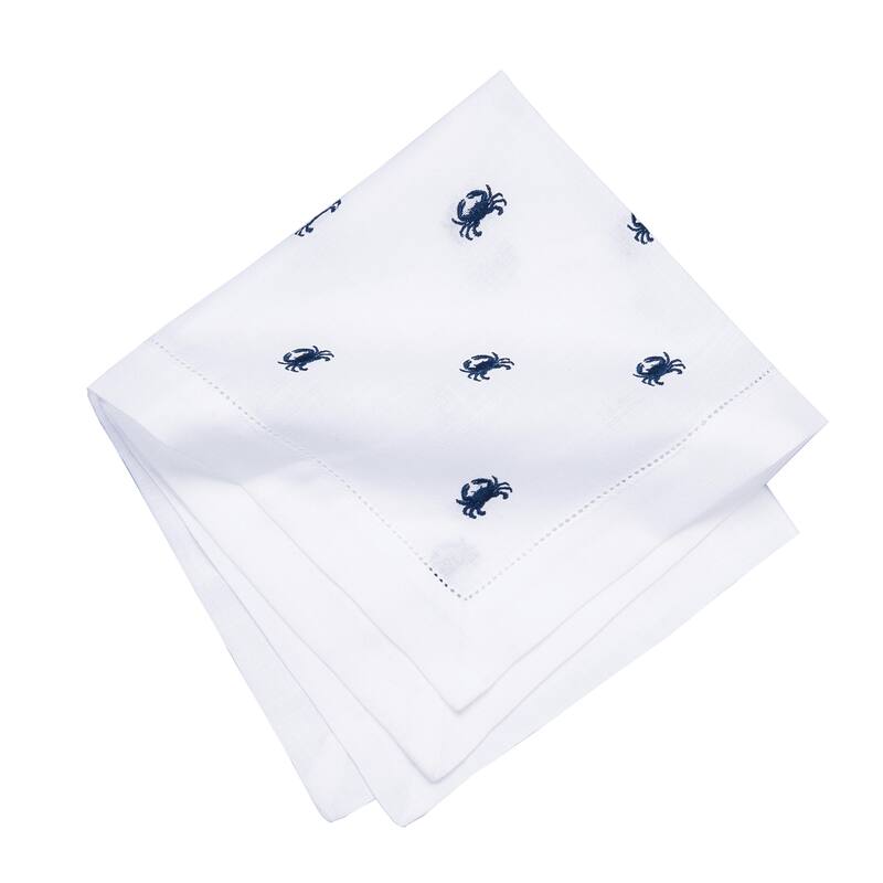 20" x 20" Navy Crab Embroidered Machine Washable Hemstitch Napkins Set of 6