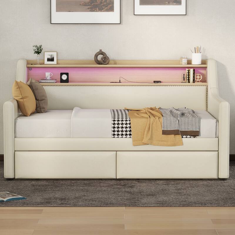 Twin Size Upholstered Daybed with Drawers, Charging Station and LED Lights