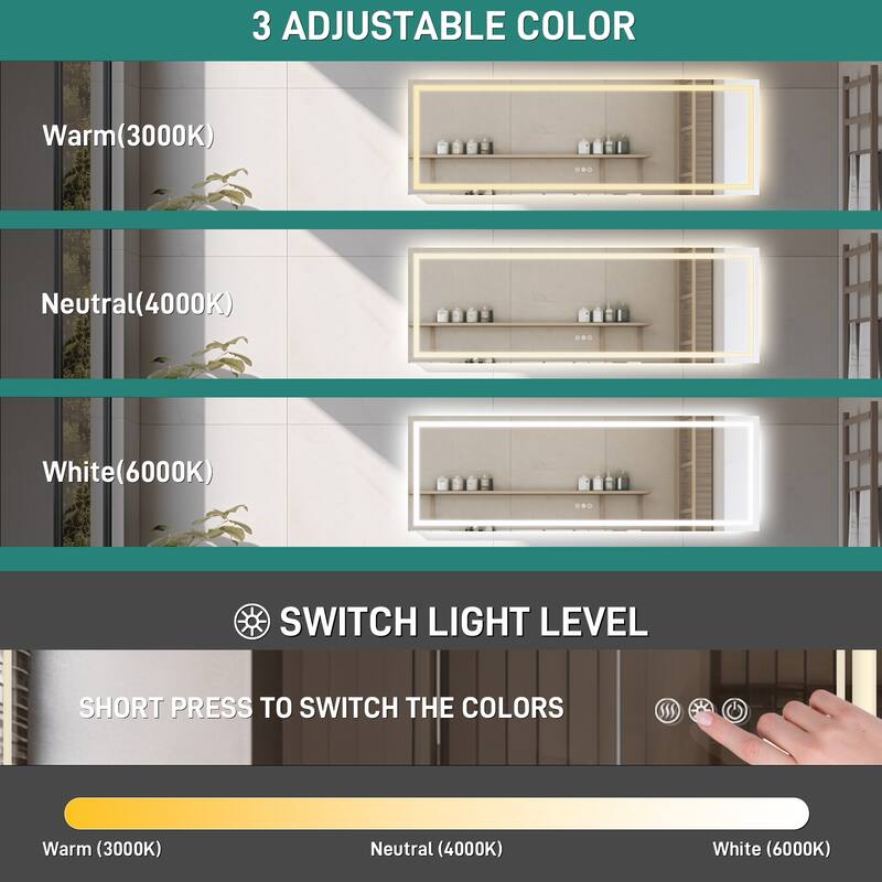 Durx-litecrete Rectangular Frameless Wall Mount 3 Colors Dimmable Anti-fog LED Bathroom Vanity Mirror