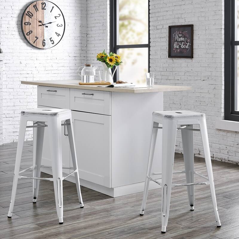 AC Pacific 30 In Metal Backless Barstool Set of 2 - Distressed White