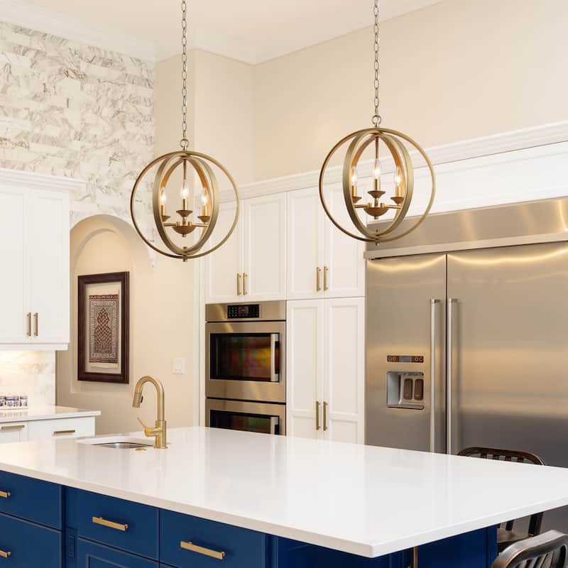 Mid-century Modern Gold Cage Pendant Light for Kitchen Gold 3-light Rotatable Globe Circles - W15.5" x H18"
