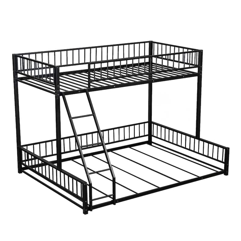 Roomfitters Twin/Full XL over Queen Floor Bunk Bed Frame with Ladder and Safety Guardrails Easy Assembly, Black