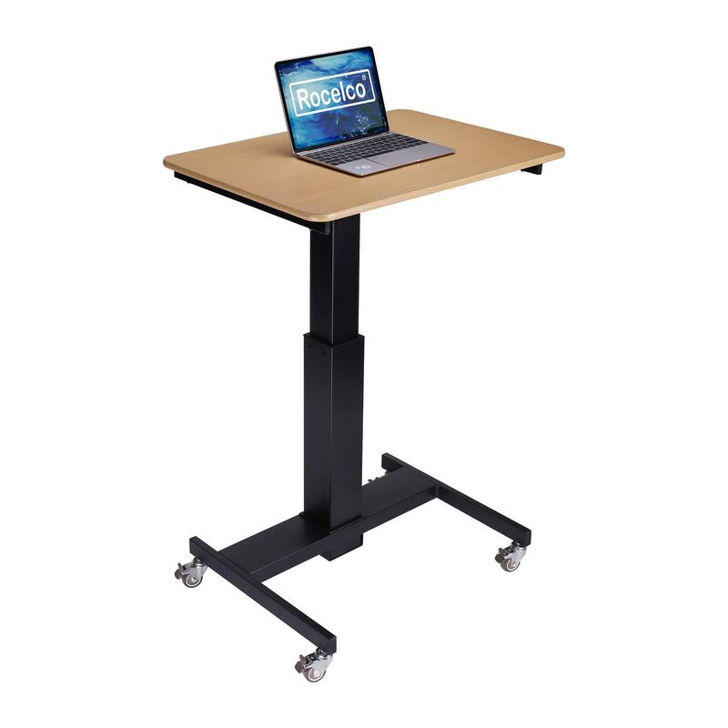 Rocelco 28 in. W Beige Height Adjustable Mobile School Standing Desk Cart with Gas Spring Assist and Laptop Riser Tray
