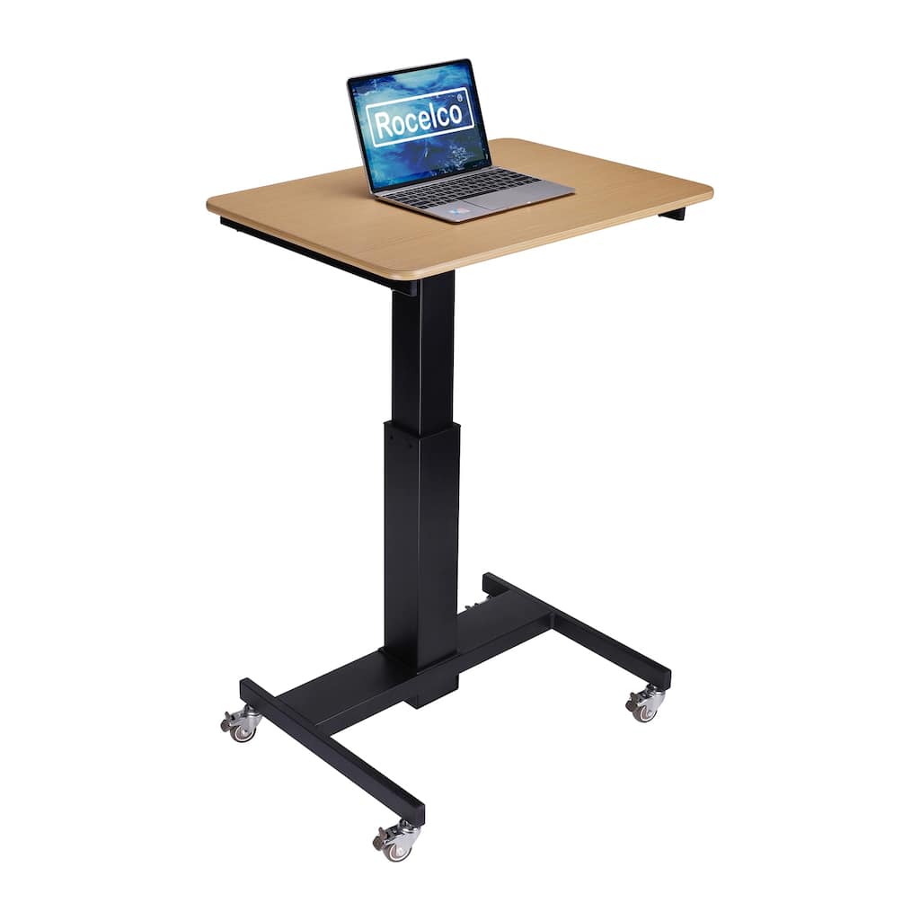 Rocelco 28 in. W Beige Height Adjustable Mobile School Standing Desk Cart with Gas Spring Assist and Laptop Riser Tray