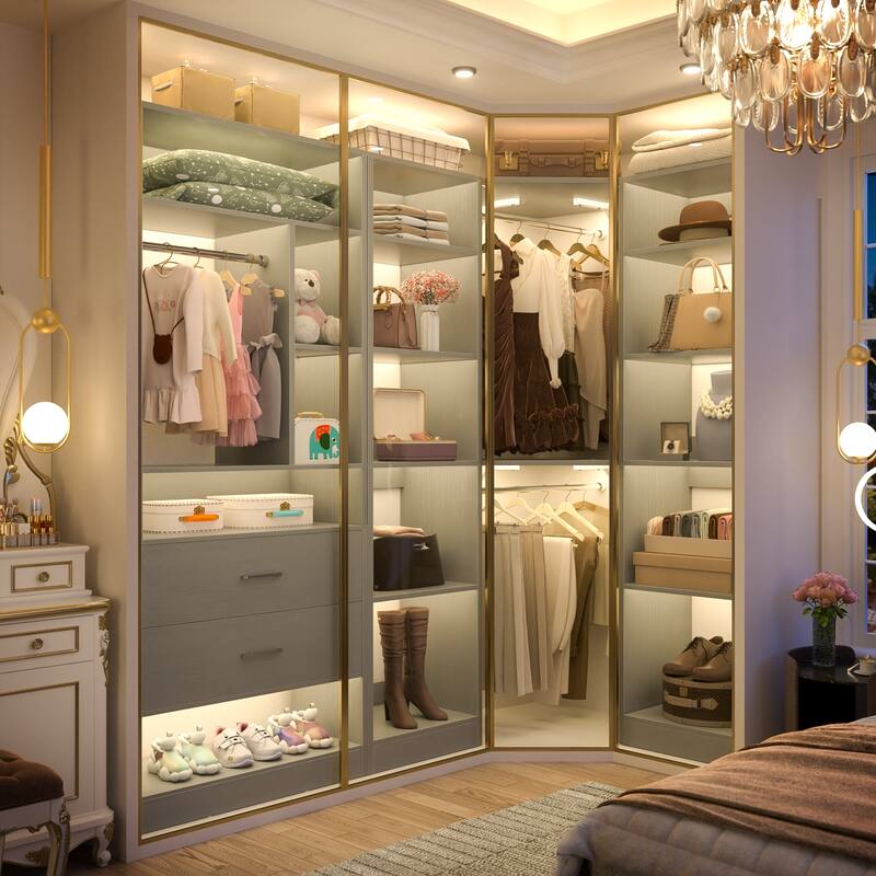Rackcog 63.2'' W Corner Closet System with 2 Wooden Drawers and 3 Hanging Rods, Walk-in Closet Organizer with 12 Storage Shelves