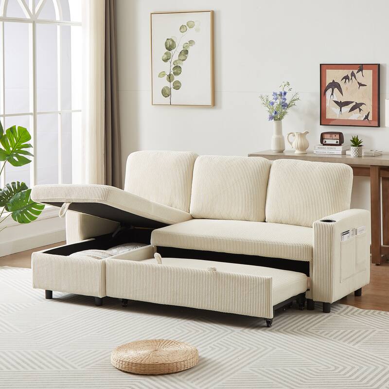 Modern Corduroy Reversible Sleeper Sofa Bed with Pullout Bed, L-Shaped Combo Sofa for Tight Spaces, Living Room, and Office