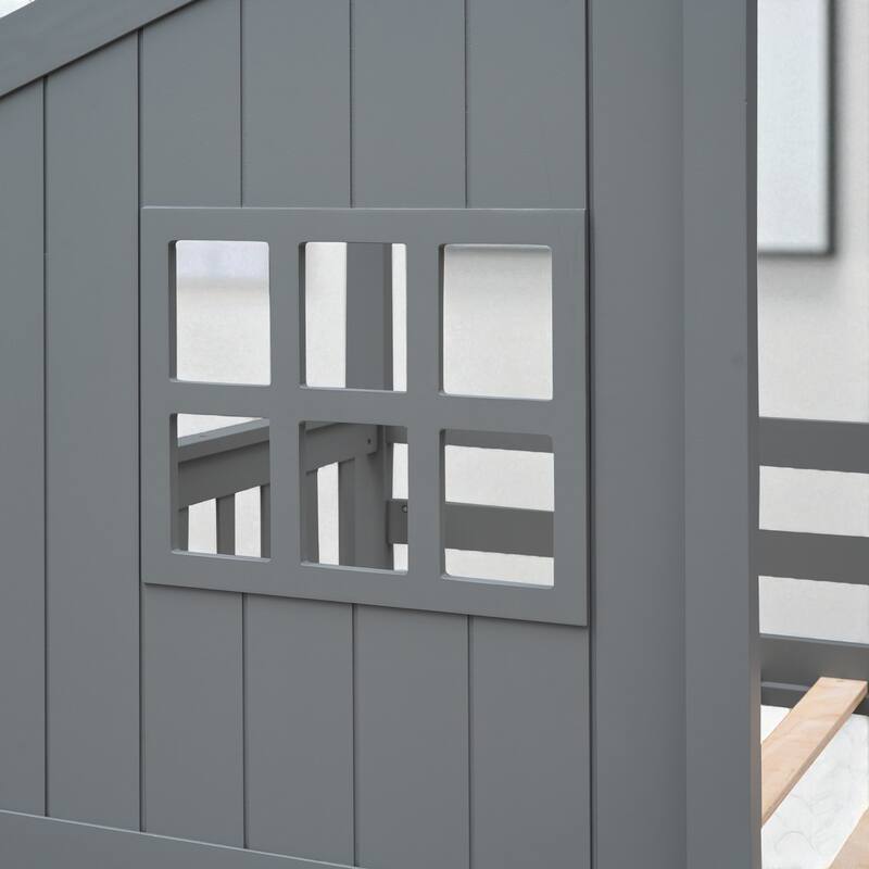 Twin Over Twin House Bunk Bed with Roof and Window, Solid Wood Frame with Ladder for Kids