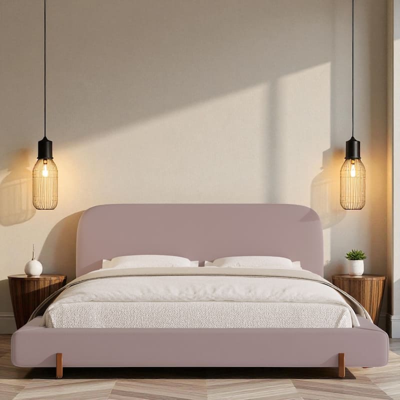 Modern Upholstered Bed Frame with 4-Inch Thick Panels, Fabric Design and Solid Rubberwood Legs, California King/King - Pink - California King