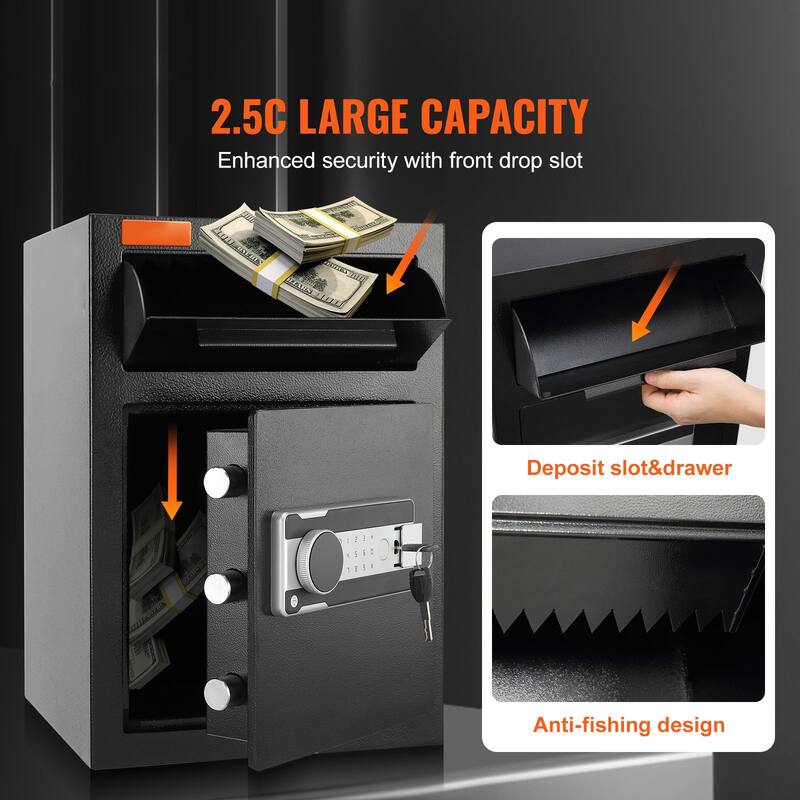 Black Steel 1.7 Cub Depository Safe with Drop Slot, Alarm and Dual Password Access