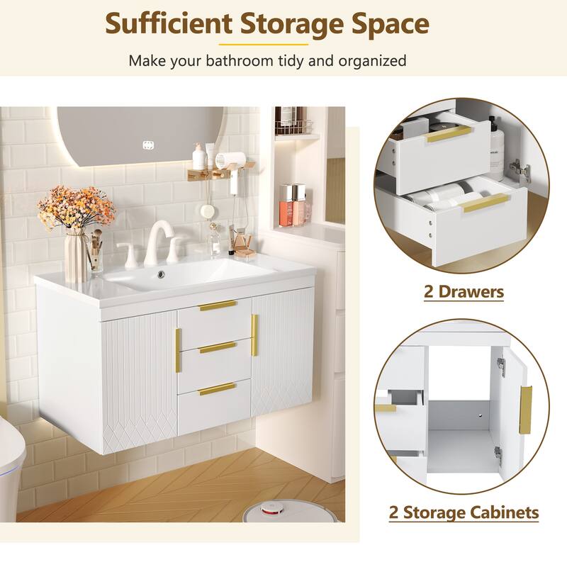 36 Inch Floating Bathroom Vanity with Sink, Wall Hung Cabinet with 2 Soft Close Drawers, Modern MDF Frame