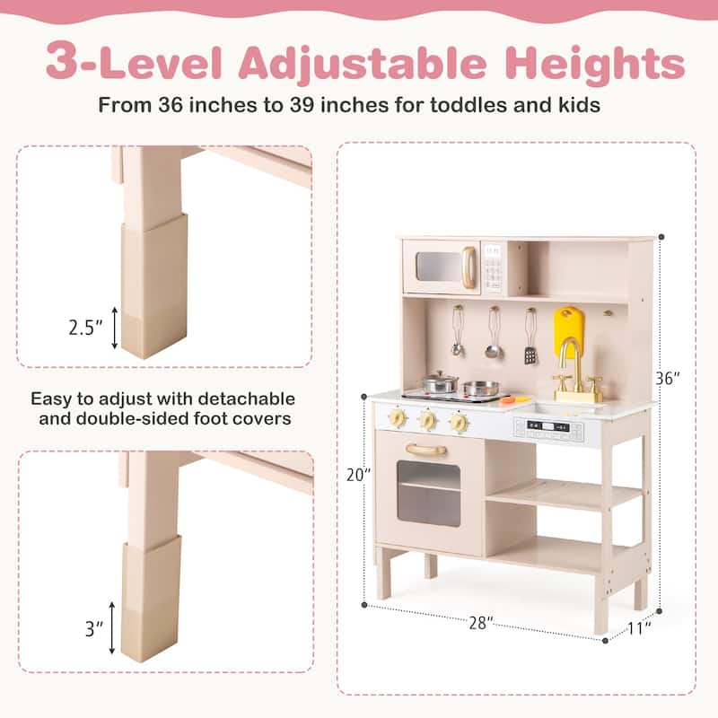 Gymax Height Adjustable Play Kitchen Wooden Kitchen Playset w/ Real