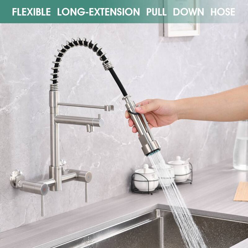 Dornberg Wall Mount Kitchen Faucet with Pull Down Sprayer, Spring Faucet