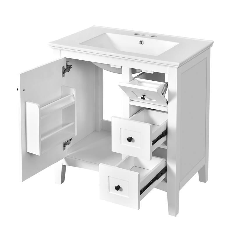 Modern Simple Bathroom Cabinet Freestanding Bathroom Vanity with Ceramic Sink, Tip-out Drawer, 2 Drawers and Side Door Organizer