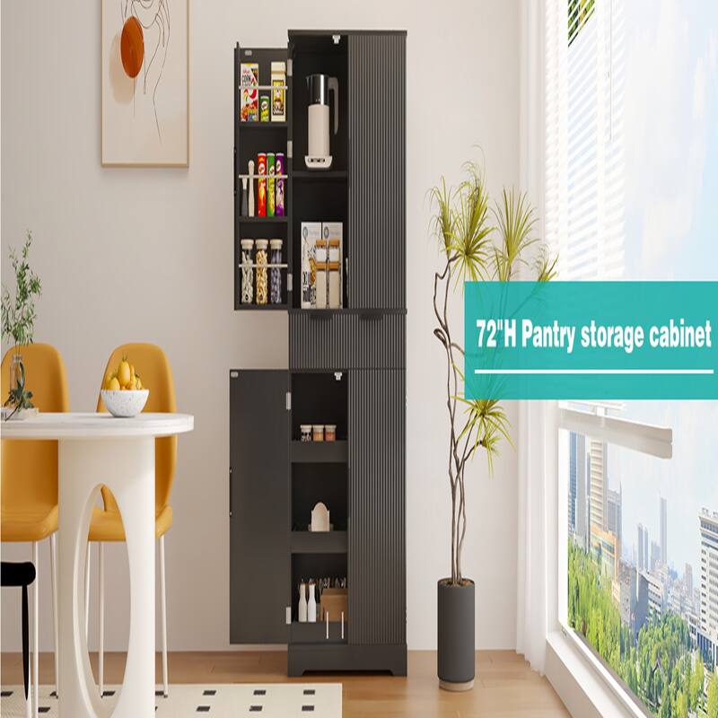 72" Fluted Kitchen Pantry Cabinet with 3 Keyboard Drawers