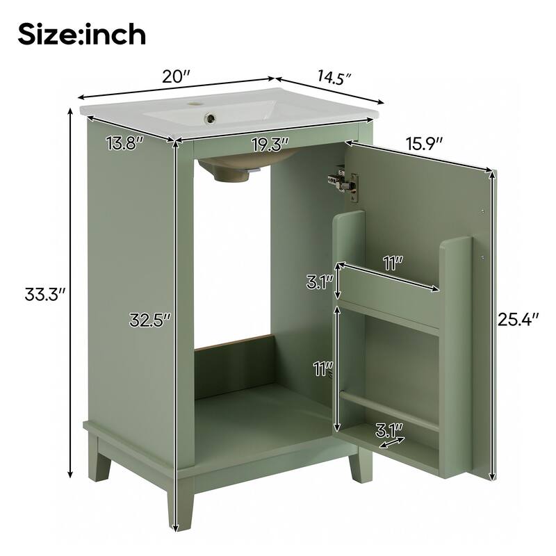 20 Inch Modern Small Bathroom Vanity Cabinet With Ceramic Basin,Ample Storage,1 Soft Close Doo