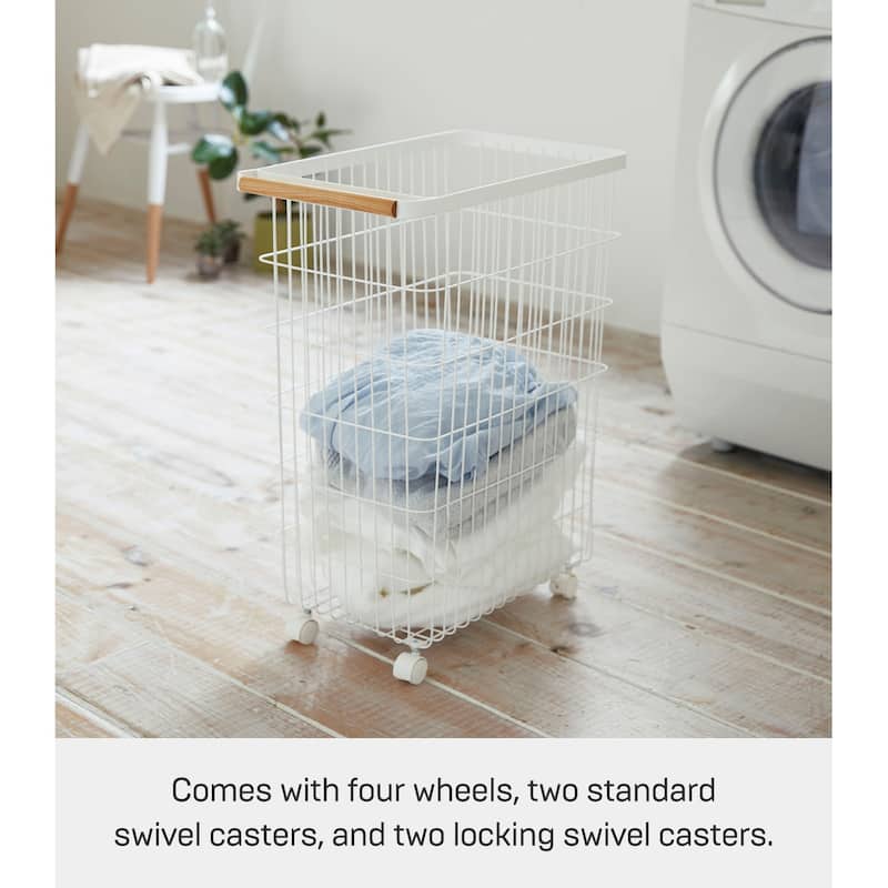 Yamazaki Home Rolling Wire Basket, Steel and Wood, 14.5 gallons, 55L, Holds 17.6 lbs - L 18.7 x W 11.02 x H 24.02 inches