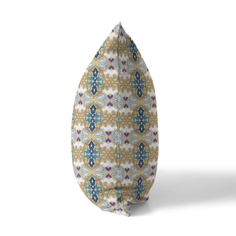 Beige And Blue Floral Elegance Indoor/Outdoor Throw Pillow Zipper