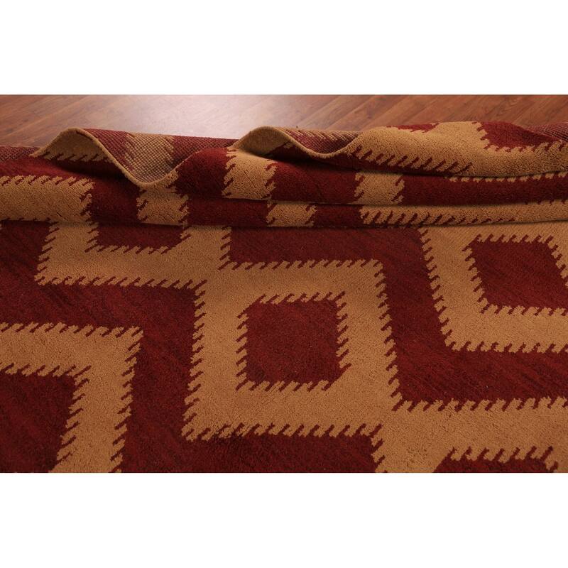 Hand Knotted Oriental 100% Wool Carpet Modern Geometric Red Moroccan Area Rug - 11' 7'' X 8' 10''